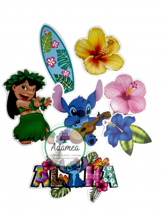 Topper de tort personalizat cu element special din carton cu Lilo, Stitch, flori, aloha si placa de surf