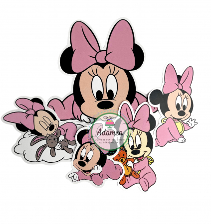 Minnie - Topper de tort  personalizat cu element special din carton sub forma de Baby Minnie roz pentru botez