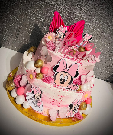Topper de tort  personalizat cu element special din carton sub forma de Baby Minnie roz pentru botez [1]