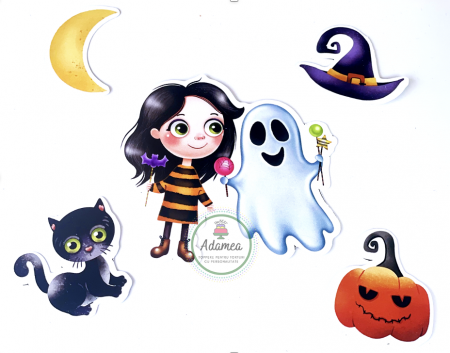 Fetițe - Siota de toppere de tort realizate din carton cu fetita, fantoma, dovleac, palarie de vrajitoare, pisica si luna de Halloween