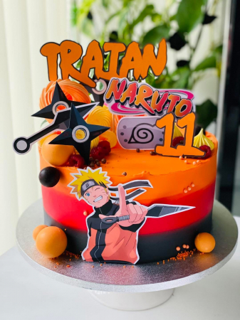 Pentru băieți - Topper de tort cu element special din carton cu Naruto, logo, embleme, nor, arma si stele ninja