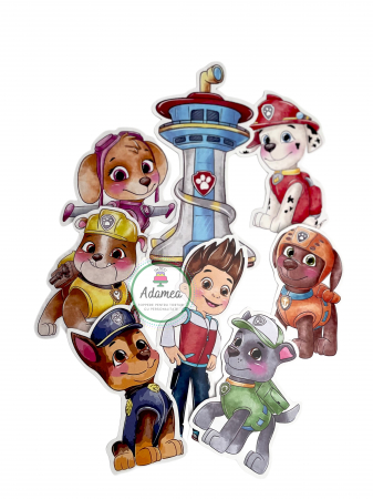 Topper de tort  personalizat cu element special din carton sub forma de  personajele din Patrula Catelusilor