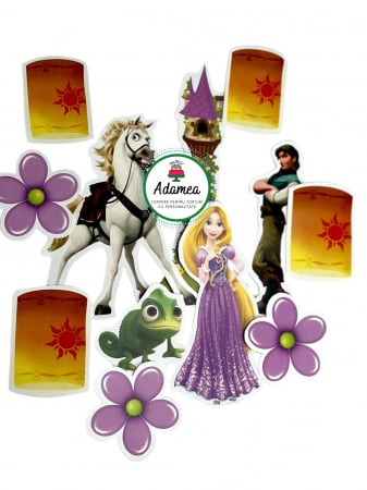Pentru fetițe - Topper de tort  personalizat cu element special din carton sub forma de  12 elemente pentru tematica Rapunzel