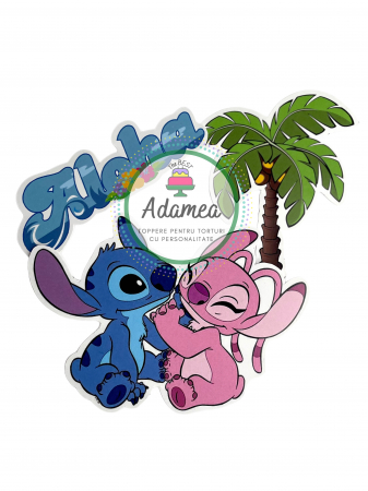 NOUTĂȚI - Topper de tort  personalizat cu element special din carton sub forma de Stitch si Angel, cu palmier si Aloha