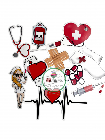 Medic, doctor, asistent - Topper de tort  personalizat cu element special din carton sub forma de  asistent medical  și elemente specifice precum seringa, inima, plasture, medicamente etc.