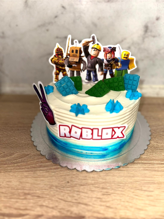 Topper de tort  personalizat cu element special din carton sub forma de  5 elemente din jocul Roblox - logo, patratul rosu si grup cu personaje [15]