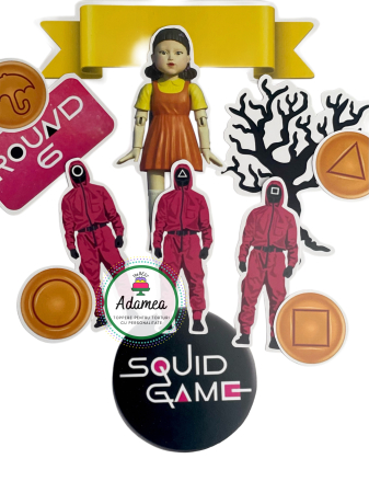 Toppere tort - Topper de tort  personalizat cu element special din carton  cu suita de 12 elemenete pentru tematica Squid game