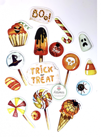 Halloween - Toppere tort cu elemente din carton cu dulciuri de Halloween