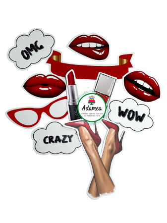 NOUTĂȚI - Topper de tort cu element special din carton sub forma de picioare de femeie cu pantofoi sexy rosi, buze, oja, ruj si ochelari