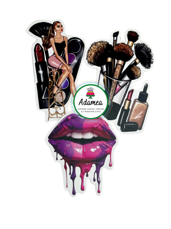 Makeup/Cosmetice/Manichiura/Beauty - Topper de tort  personalizat cu element special din carton sub forma de buze glam, machiaje si fata pasionata de make up