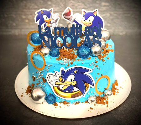 topper de tort  personalizat cu element special din carton  premium de inalta calitate sub forma  de ipostaze cu Sonic si inele aurii [28]