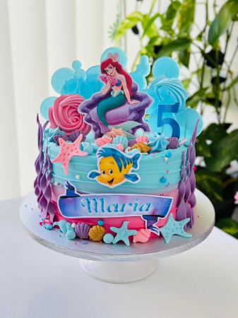 Topper de tort cu element special din carton sub forma de sirena Ariel, pestele si banner cu nume