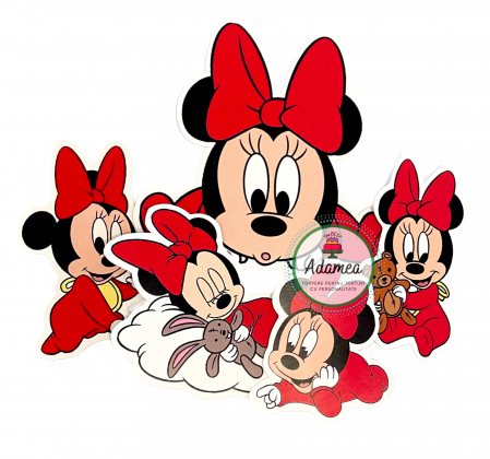 Minnie - Topper de tort  personalizat cu element special din carton sub forma de Baby Minnie rosu aprins pentru botez