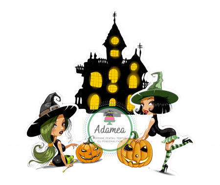 Halloween - Topper de tort cu element special din carton sub forma de castel sau casa bantuita de Halloween si doua vrajitoare simpatice