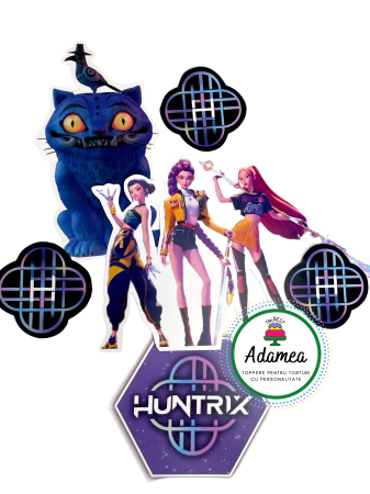 Topper de tort  personalizat cu element special din carton sub forma de fetele de la Huntrix, pisica si logoul in doua versiunei