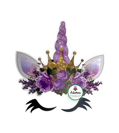 Unicorn - Topper tort cu corn de unicorn din carton cu flori mov, coronita imitatie auriu glitter si ochi expresivi
