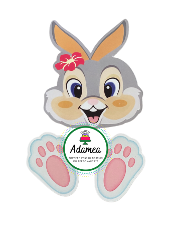 Topper de tort  personalizat cu element special din carton premium de calitate inalta sub forma de cap de iepuras fetita cu floricica si labute [1]