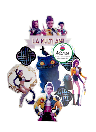 Topper de tort  personalizat cu element special din carton sub forma de La multi ani pe banner cu tematica Rumi din huntrix Demon Hunters