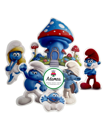 Strumfi - Topper de tort  personalizat cu element special din carton  premium de inalta calitate sub forma  de Strumfi cu casuta