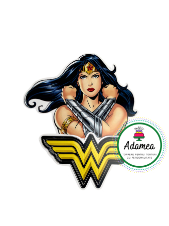 NOUTĂȚI - Topper de tort  personalizat cu element special din carton sub forma de Wonder Woman - Femeia Fantastica si logo