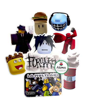Topper de tort  personalizat cu element special din carton  premium de inalta calitate sub forma de personaje din joc din roblox Forsaken