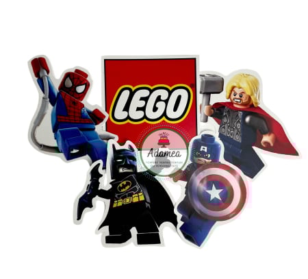Pentru băieți - Topper de tort  personalizat cu element special din carton  cu personaje lego cu eroi Spiderman, Thor, Batman si Capitan America