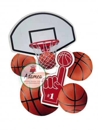 Sport - Topper de tort cu element special din carton sub forma de mingii, manusa si cos de basket