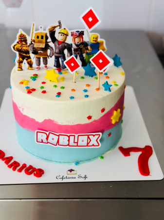 Topper de tort  personalizat cu element special din carton sub forma de  5 elemente din jocul Roblox - logo, patratul rosu si grup cu personaje [9]