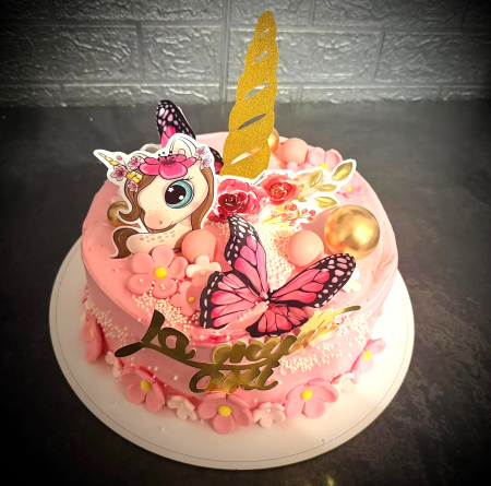 Topper de tort cu element special din carton sub forma de cap de corn de unicorn auriu glitter cu coronita din flori [6]