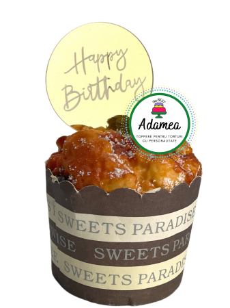 Produse din plastic/lemn/material textil - Topper de tort  personalizat cu element special din plexiglas sau acril oglinda auriu sub forma de banuț cu Happy Birthday