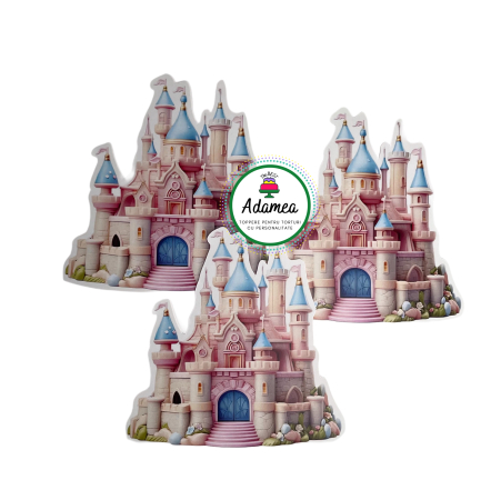 Castele - Topper de tort personalizat cu element din carton cu castel cu efect de relief roz superb
