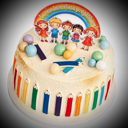 Topper de tort cu decoratiune din carton premium de inalta calotate sub forma de placuta cu copii veseli sub un curcubeu pastela tideala pentru ziua copilului de pe 1 iunie [2]
