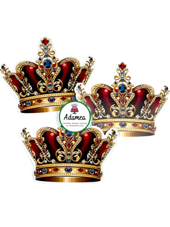 NOUTĂȚI - TOPPer de tort  personalizat cu element special din carton  premium de inalta calitate sub forma de coroana galben tip auriu cu CRISTAKE SI CATIFEA ROSIE