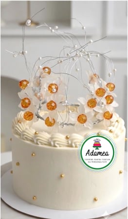 Coronite - Topper de tort cu coronita pe structura metalica (sarma) cu flori, cristale si perle acrilice