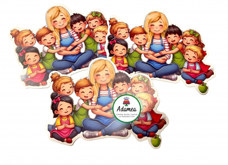 Final de an scolar - Topper de tort  personalizat cu element special din carton sub forma de educatoare sau invatatoare blonda inconjurata de elevi veseli