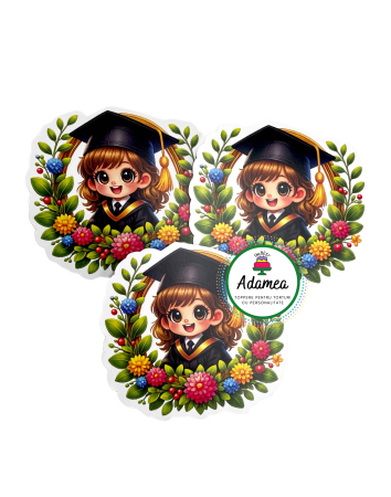 Final de an scolar - Topper de tort  personalizat cu element special din carton  premium de inalta calitate sub forma  de elev absovent la final de an scolar - studenta in coronita u flori