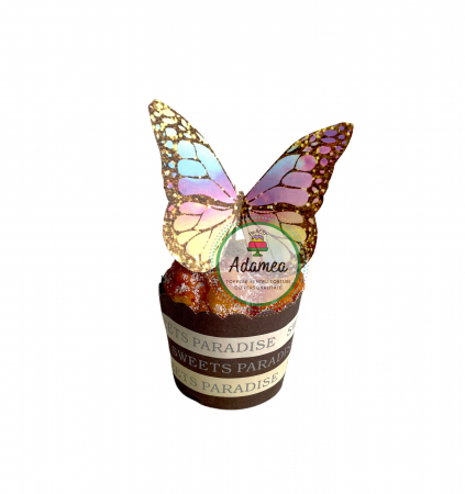 Fluturași - Topper de tort  personalizat cu element special din carton sub forma de fluture mare curcubeu pal cu contur tip auriu glitter