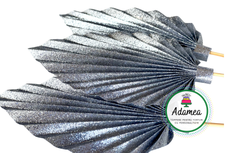 Evantaie - Frunze de palmier - Topper de tort  personalizat cu element special din carton sub forma de  evantai festiv sau frunza de palmier slipitoare argintiu