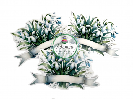 Martisor - Topper de tort  personalizat cu element special din carton sub forma de  buchet de ghiocei cu banner personalizabil
