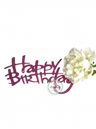 Topper de tort cu element special din carton sub forma de mesaj Happy Birthday roz inchis prafuit glitter [1]