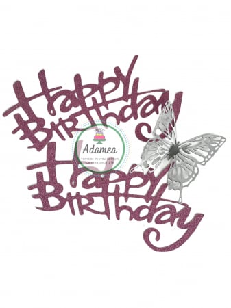 Happy Birthday - Topper de tort cu element special din carton sub forma de mesaj Happy Birthday roz inchis prafuit glitter