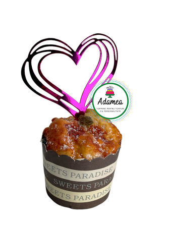 Sfantul Valentin - Dragobete - iubire - Topper de tort cu element special din carton sub forma de inima stilizata roz oglinda