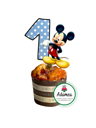 Pentru băieți - Topper de tort  personalizat cu element special din carton sub forma de  Mikey cu numarul 1 bleu cu buline albe pentru prima aniversare