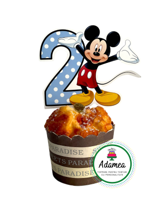 Pentru băieți - Topper de tort  personalizat cu element special din carton sub forma de Mickey cu cifra 2 bleu cu buline albe