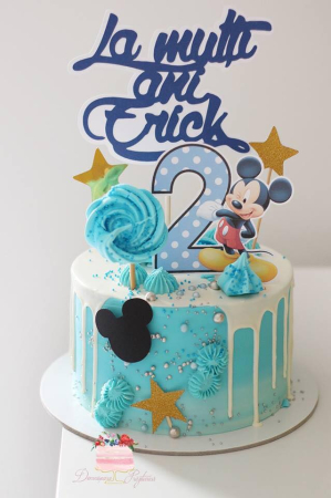Topper de tort  personalizat cu element special din carton sub forma de Mickey cu cifra 2 bleu cu buline albe [3]
