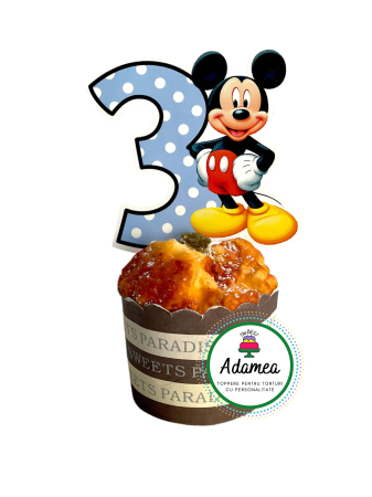 Pentru băieți - Topper de tort  personalizat cu element special din carton sub forma de Mickey cu cifra 3 trei bleu cu buline albe