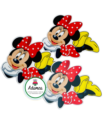 Minnie - Topper de tort  personalizat cu element special din carton  premium de inalta calitate sub forma  de Minnie cu rochita rosie sta pe burta