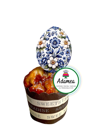 Toppere tort - Topper de tort  personalizat cu element special din carton sub forma de ou de Paste incondeiat cu flori lbastre