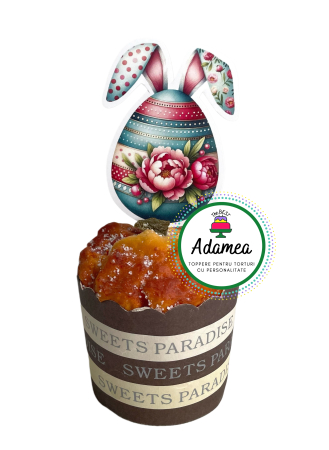 Toppere tort - Topper de tort  personalizat cu element special din carton sub forma de ou colorat cu urechi de iepure