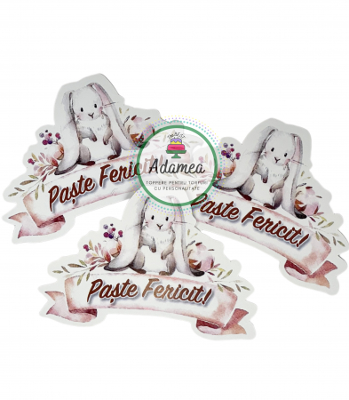 Topper de tort cu element special din carton sub forma de banner cu paste fericit si iepure [1]